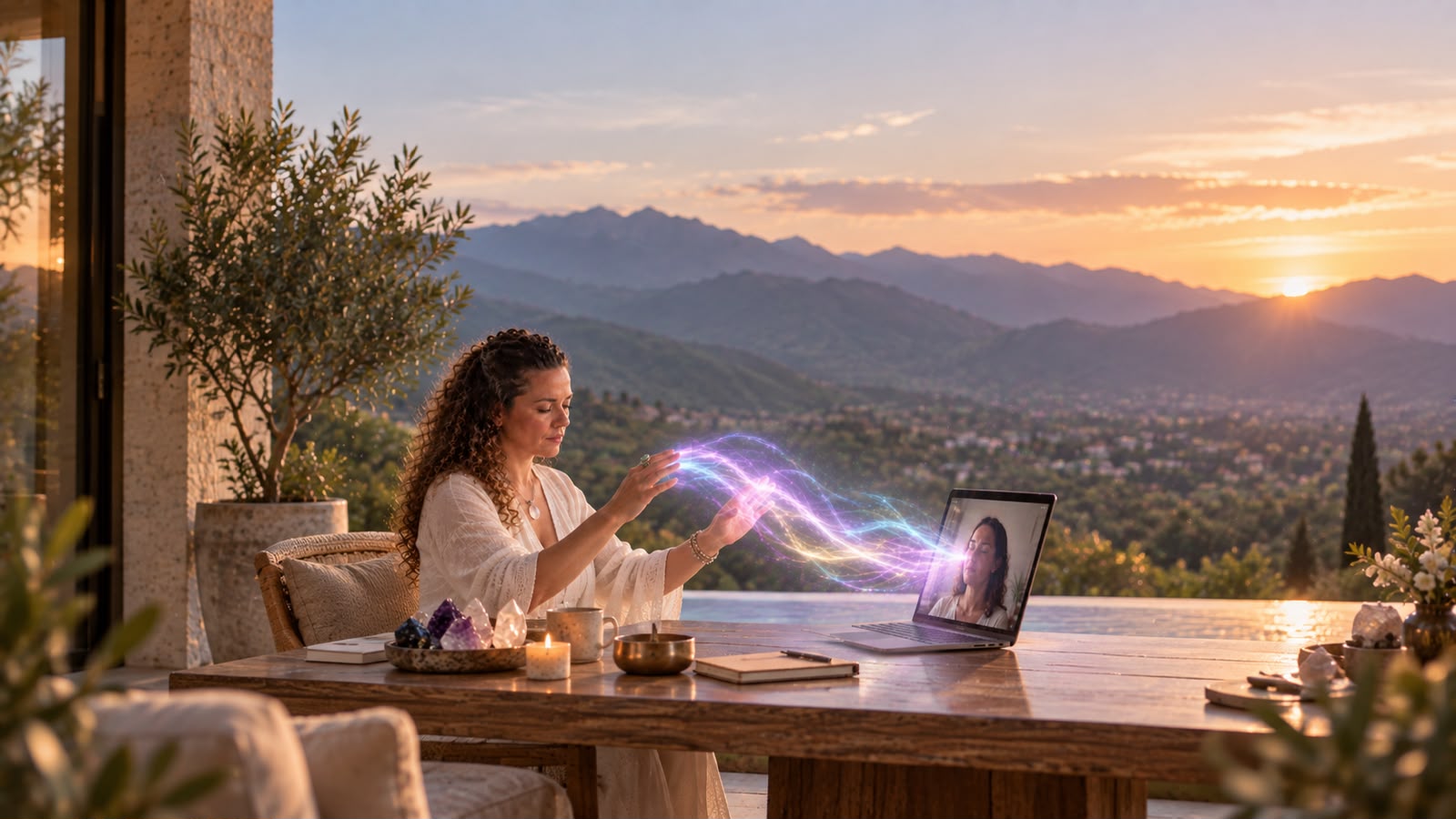 Mariana Guerrero canalizando energía en una sesión a distancia, terraza con vista a las montañas al atardecer